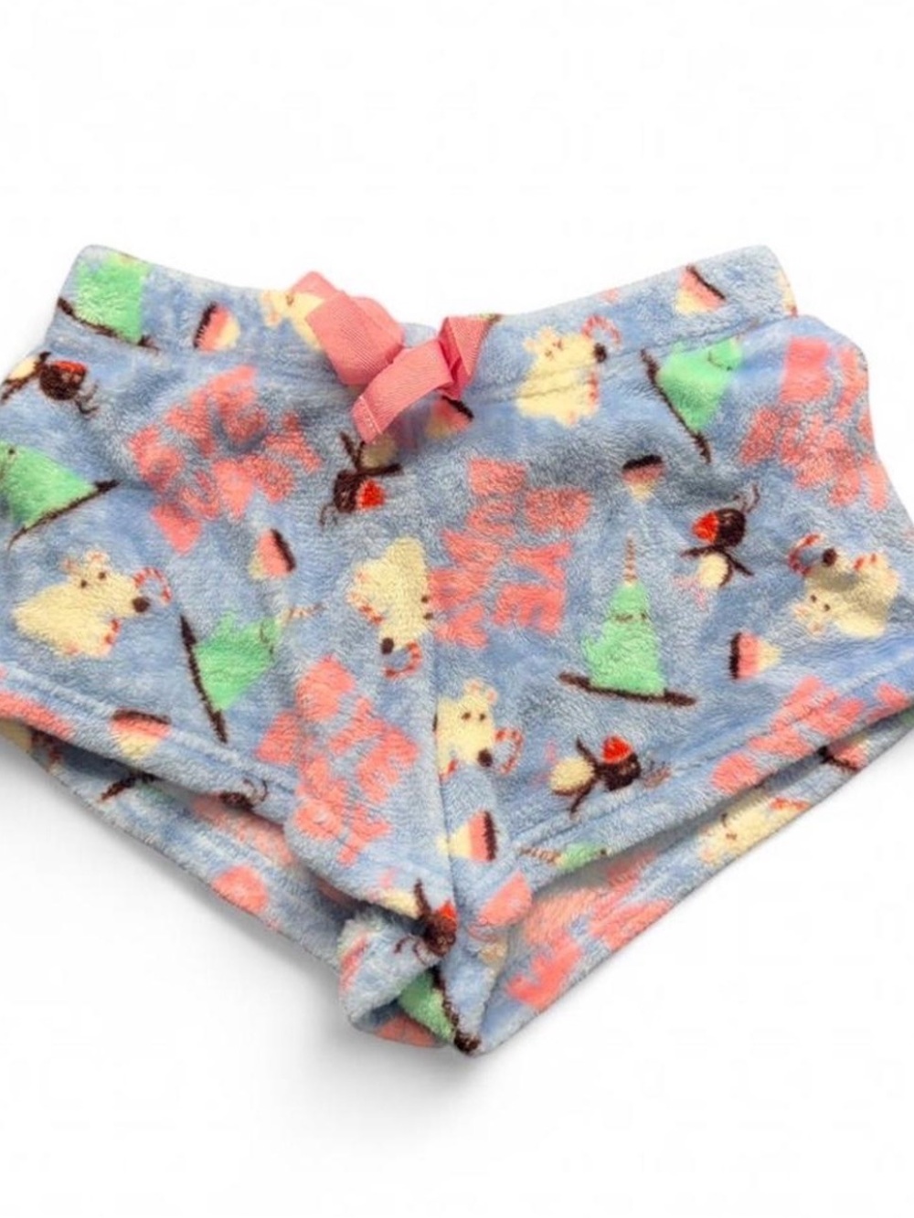 ELF Plush Sleep Shorts in Light Blue with Pink Bow and Multicolor Print